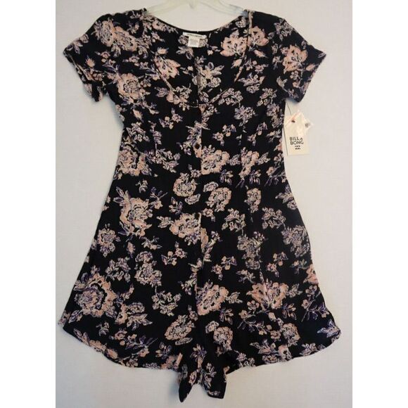 Billabong J201EFES Women's Sz S Black Floral Short Sleeve Button Front Romper - Picture 6 of 13